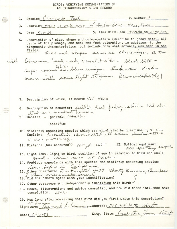 Rare bird documentation form for a Cinnamon Teal at Sunken Grove in Pocahontas County, IA on May 8, 1981.