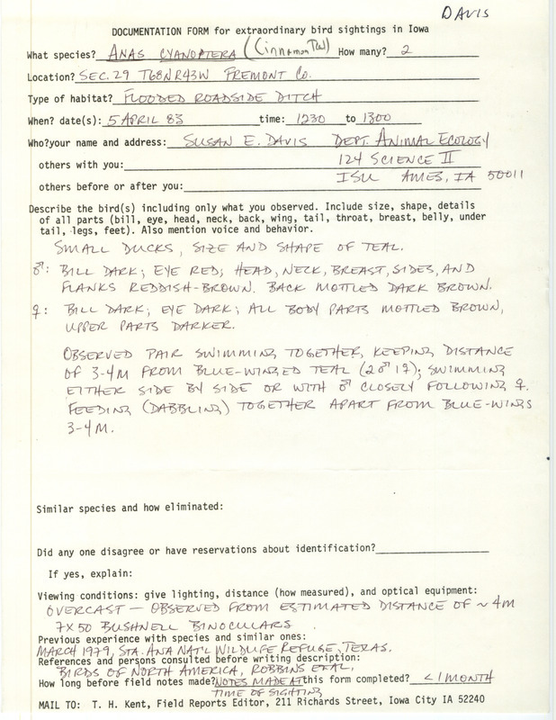 Rare bird documentation form for two Cinnamon Teals at Fremont County, IA on April 5, 1983.