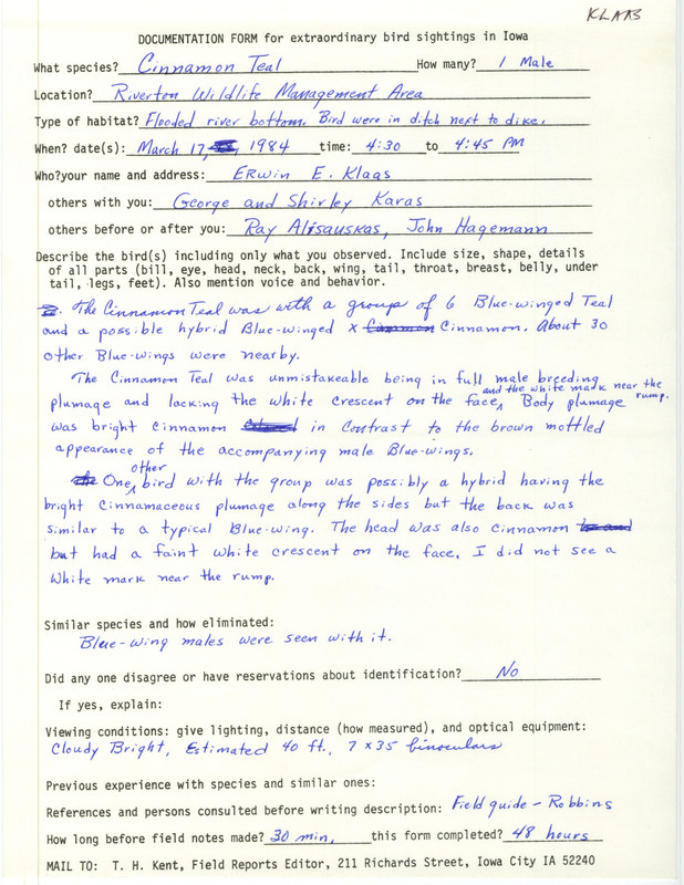 Rare bird documentation form for a Cinnamon Teal at Riverton Wildlife Management Area in Fremont County, IA on March 17, 1984.