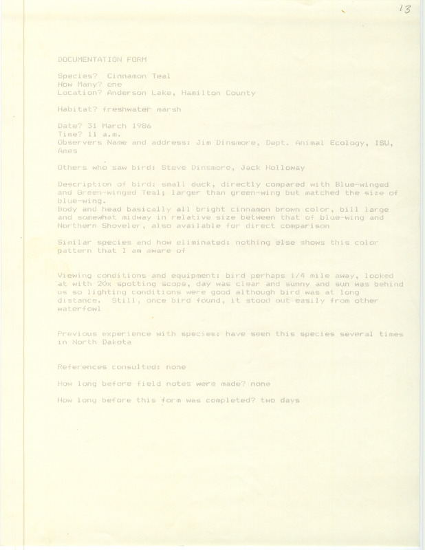 Rare bird documentation form for a Cinnamon Teal at Anderson Lake in Hamilton County, IA on March 31, 1986.