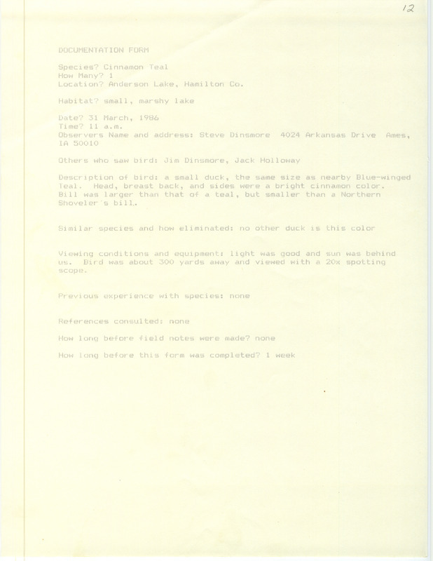 Rare bird documentation form for a Cinnamon Teal at Anderson Lake in Hamilton County, IA on March 31, 1986.