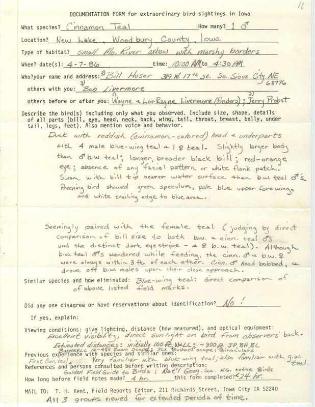 Rare bird documentation form for a Cinnamon Teal at New Lake in Woodbury County, IA on April 7, 1986.