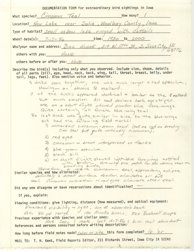 Rare bird documentation form for a Cinnamon Teal at New Lake in Woodbury County, IA on July 17, 1986.