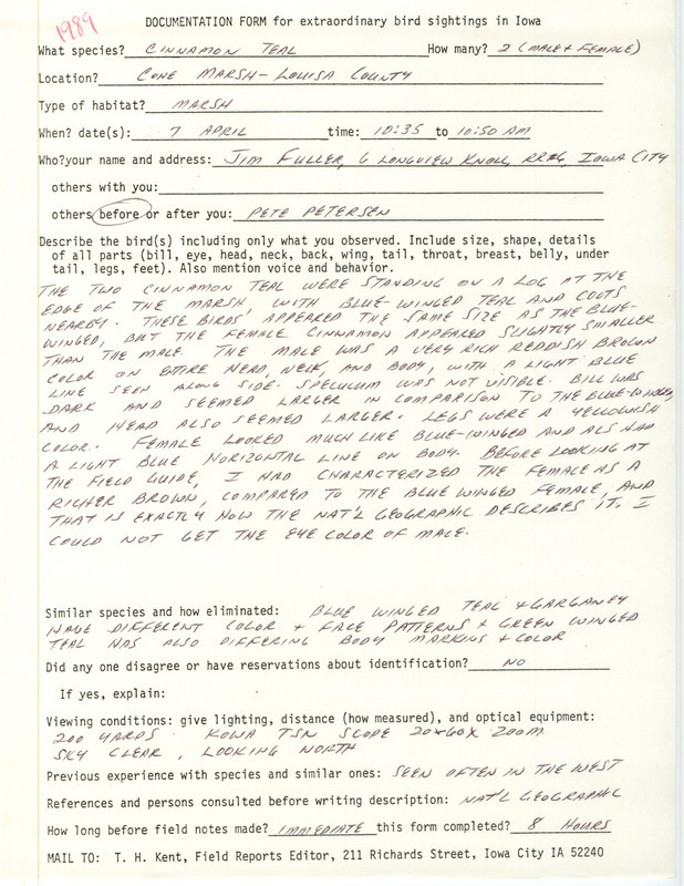 Rare bird documentation form for two Cinnamon Teals at Cone March in Louisa County, IA on April 7, 1989.