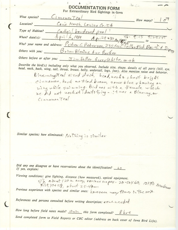 Rare bird documentation form for a Cinnamon Teal at Cone March in Louisa County, IA on April 6, 1989.