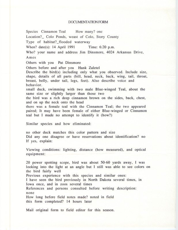 Rare bird documentation form for a Cinnamon Teal at Colo Ponds in Story County, IA on April 14, 1991.