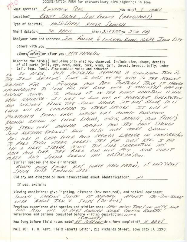 Rare bird documentation form for a Cinnamon Teal at Credit Island in Scott County, IA on April 30, 1990.