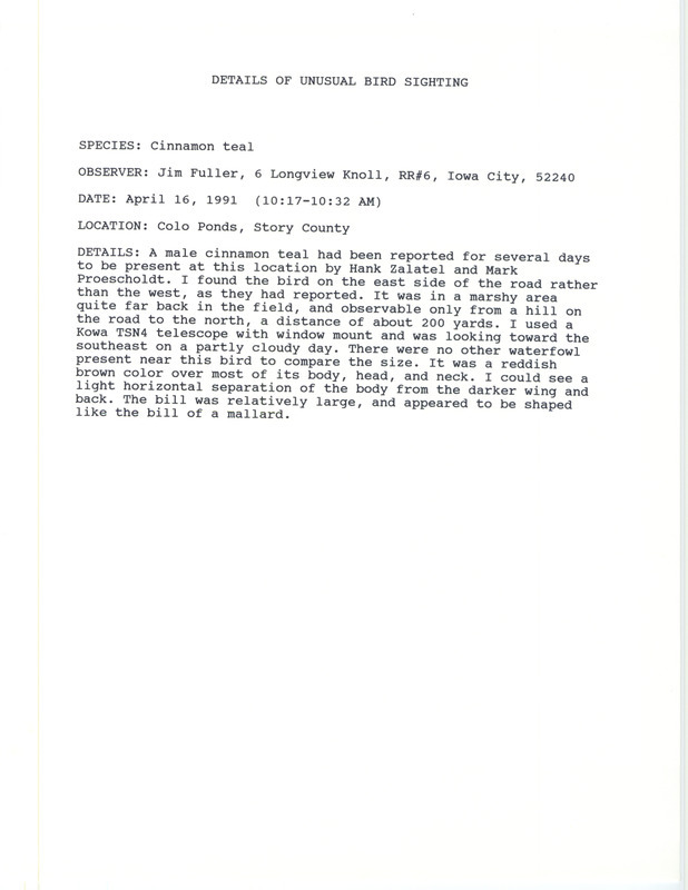 Rare bird documentation form for a Cinnamon Teal at Colo Ponds in Story County, IA on April 16, 1991.