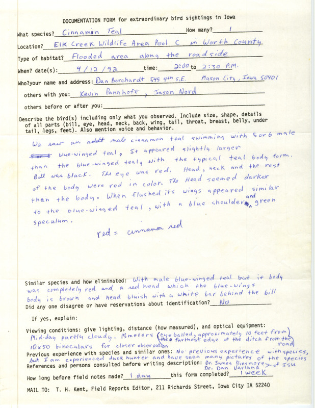 Rare bird documentation form for a Cinnamon Teal at Elk Creek Wildlife Area Pool C in Worth County, IA on April 12, 1992.