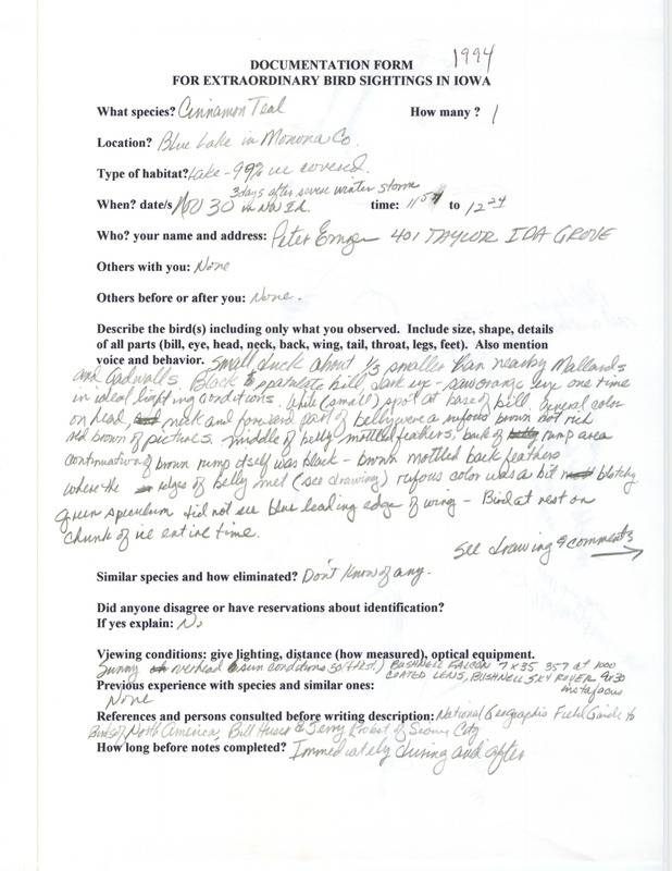 Rare bird documentation form for a Cinnamon Teal at Blue Lake in Monona County, IA on November 30, 1994.