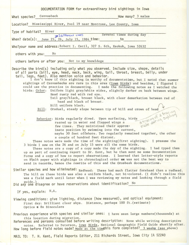 Rare bird documentation form for three Canvasbacks at Pool 19 near Montrose in Lee County, IA on June 25, 1984.