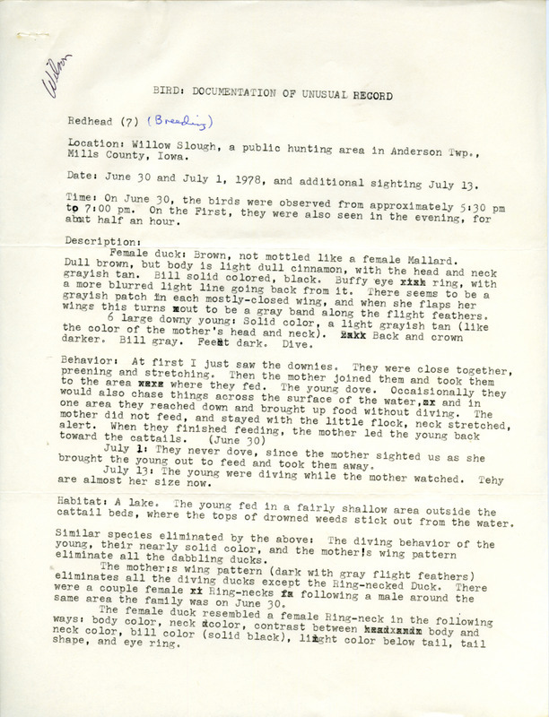 Rare bird documentation form for seven Redhead at Willow Slough in Mills County, IA on June 30, 1978.