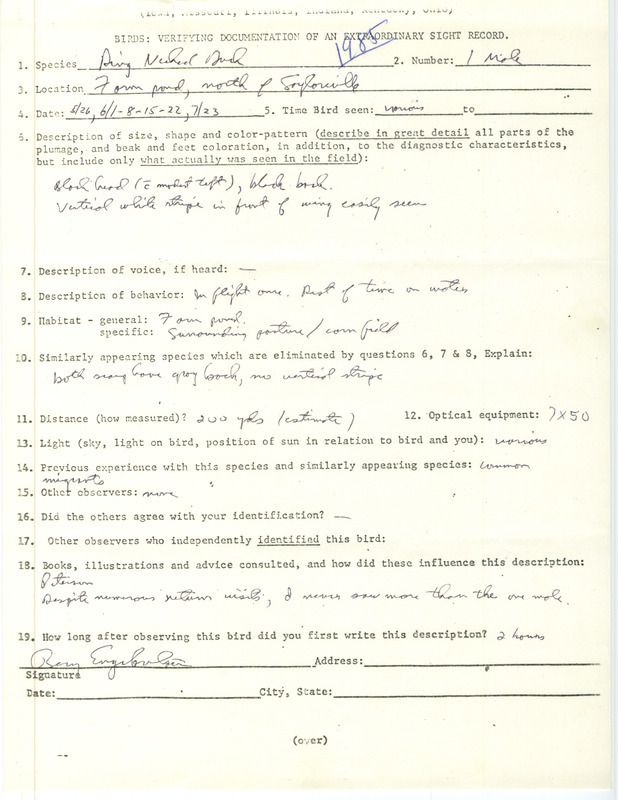 Rare bird documentation form for a Ring-necked Duck at Saylorville in Polk County, IA on May 26, 1985.