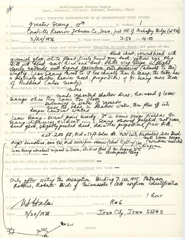 Rare bird documentation form for a Greater Scaup at Coralville Reservoir in Johnson County, IA on March 20, 1976.