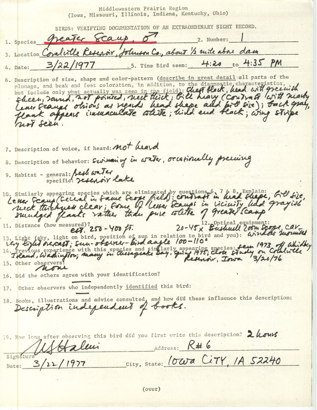 Rare bird documentation form for a Greater Scaup at Coralville Reservoir in Johnson County, IA on March 22, 1977.