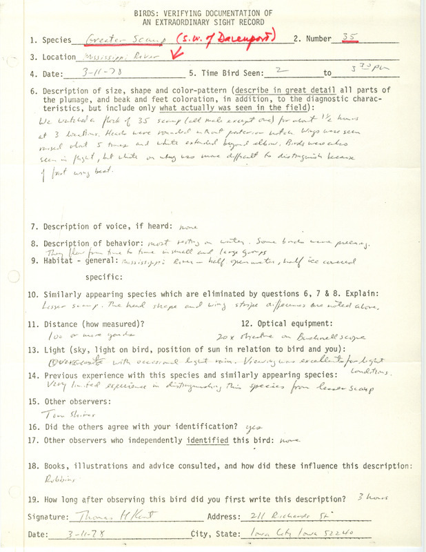 Rare bird documentation form for thirty-five Greater Scaups at Mississippi River (SW of Davenport) in Scott County, IA on March 11, 1978.