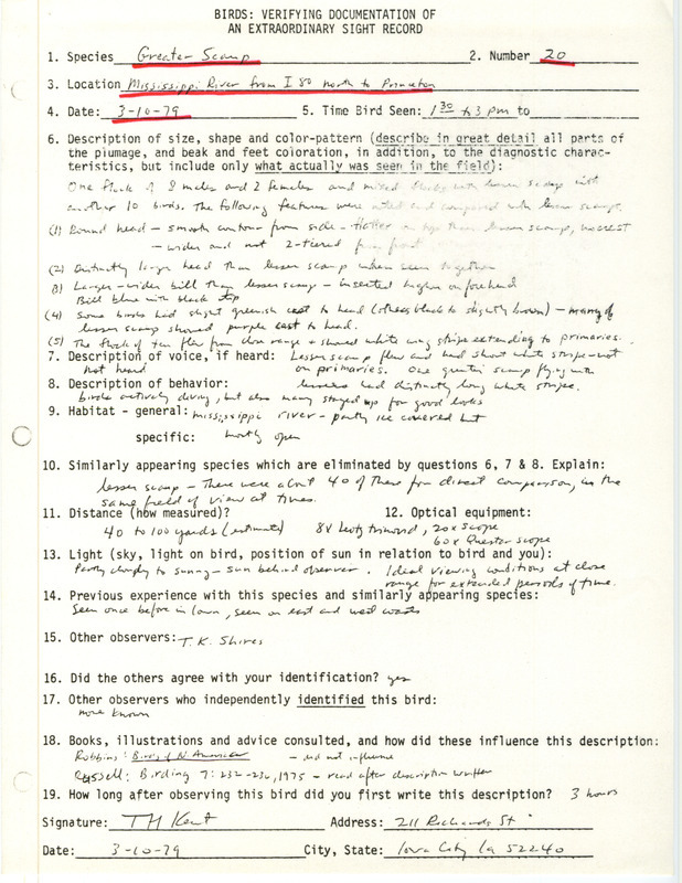 Rare bird documentation form for twenty Greater Scaups at Princeton in Scott County, IA on March 10, 1979.