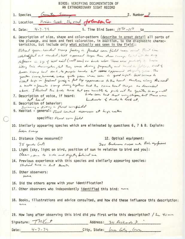 Rare bird documentation form for three Greater Scaups at Hoosier Creek in Johnson County, IA on April 7, 1979.