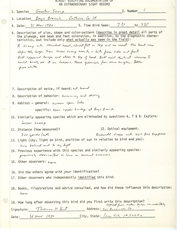 Rare bird documentation form for a Greater Scaup at Bays Branch in Guthrie County, IA on March 21, 1980.