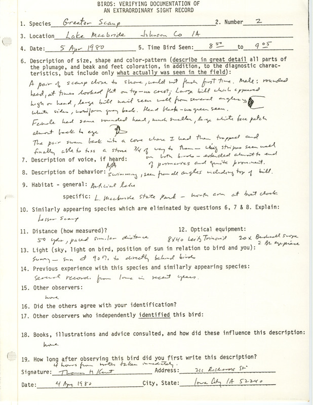 Rare bird documentation form for two Greater Scaups at Lake Macbride in Johnson County, IA on April 5, 1980.