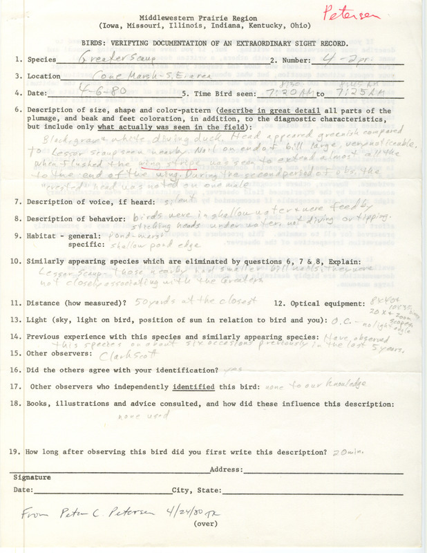 Rare bird documentation form for four Greater Scaups at Cone March in Louisa County, IA on April 6, 1980.