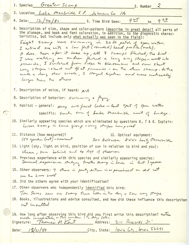 Rare bird documentation form for two Greater Scaups at Lake Macbride State Park in Johnson County, IA on December 20, 1980.