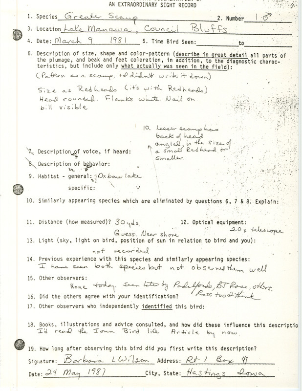 Rare bird documentation form for a Greater Scaup at Lake Manawa in Pottawattamie County, IA on March 9 ,1981.