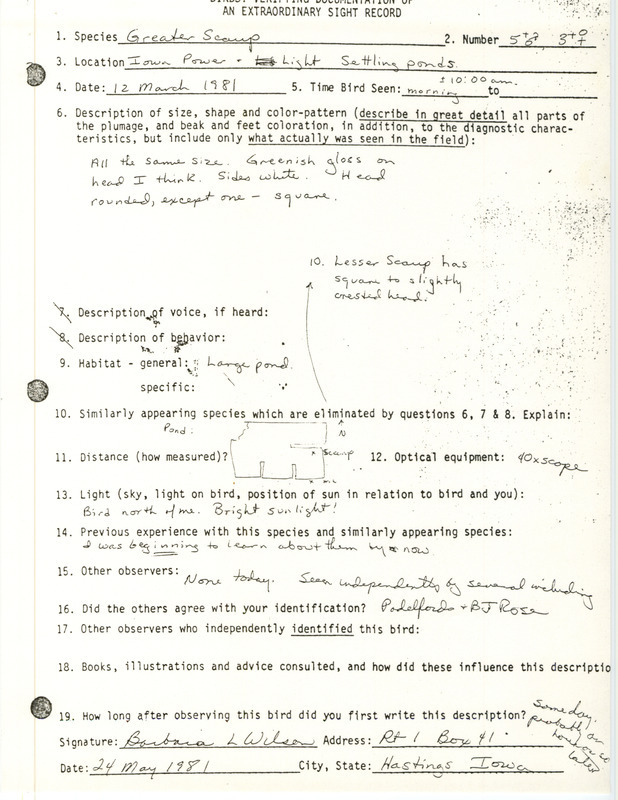 Rare bird documentation form for eight or more Greater Scaups at Iowa Power Light Settling Ponds (MidAmerican Energy Ponds) in Pottawattamie County, IA on March 12, 1981.