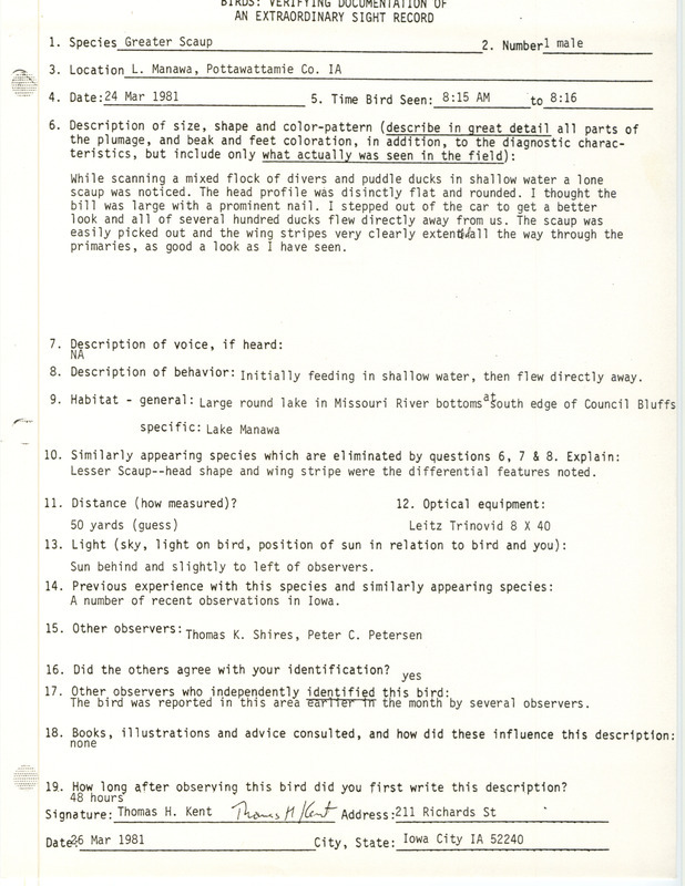 Rare bird documentation form for a Greater Scaup at Lake Manawa in Pottawattamie County, IA on March 24, 1981.