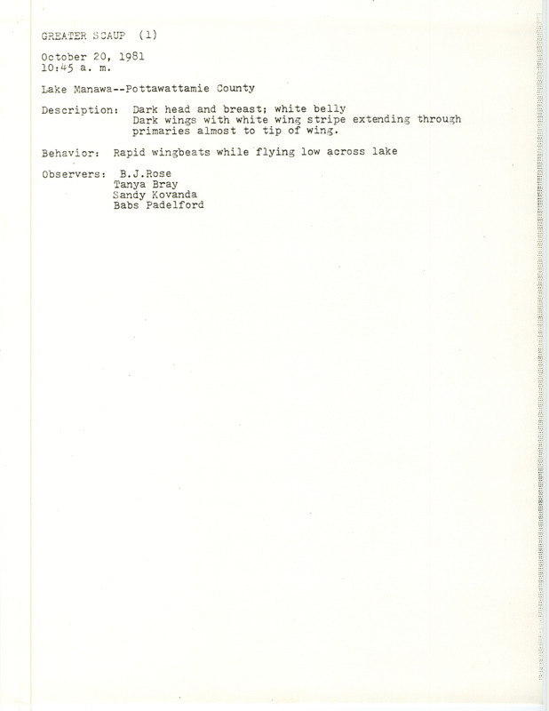 Rare bird documentation form for a Greater Scaup at Lake Manawa in Pottawattamie County, IA on October 20, 1981.