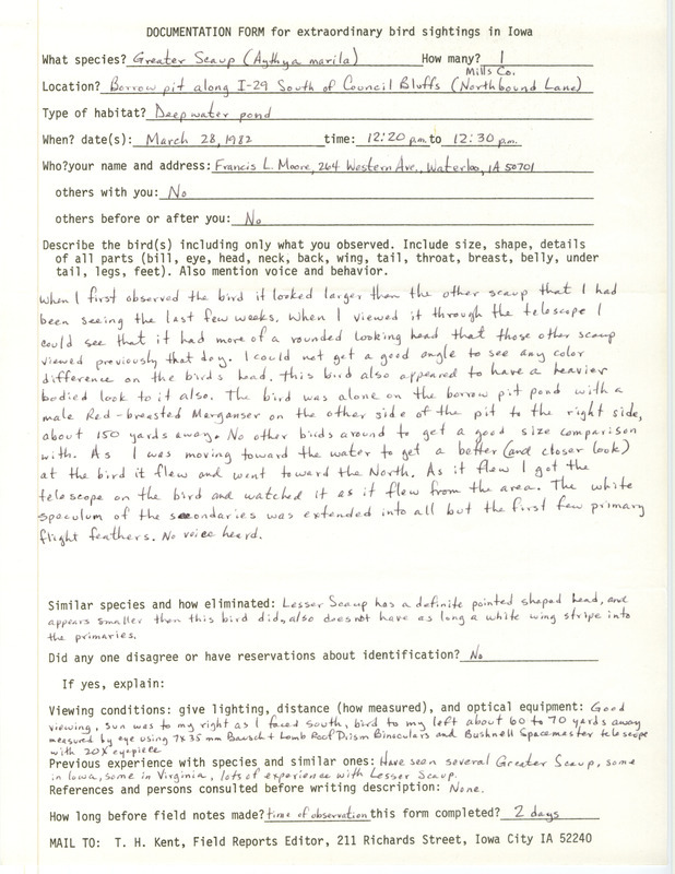 Rare bird documentation form for a Greater Scaup south of Council Bluffs in Mills County, IA on March 28, 1982.