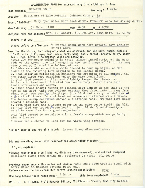 Rare bird documentation form for a Greater Scaup at Lake MacBride in Johnson County, IA on March 31, 1982.