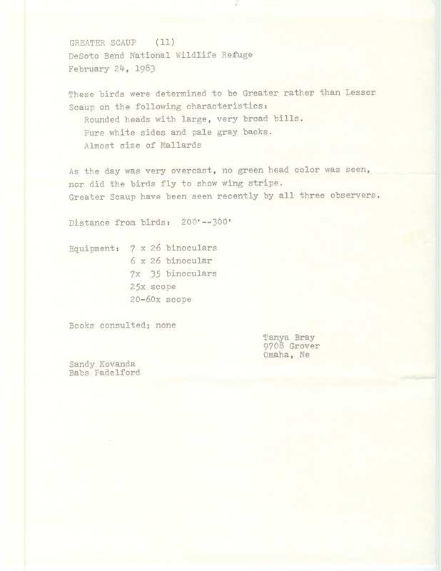 Rare bird documentation form for eleven Greater Scaups at DeSoto National Wildlife Refuge in Harrison County, IA on February 24, 1983.