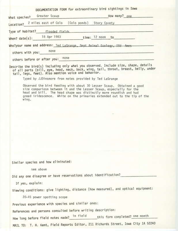 Rare bird documentation form for a Greater Scaup at Colo Ponds in Story County, IA on April 18, 1983.