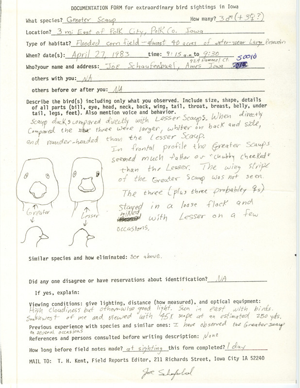 Rare bird documentation form for six Greater Scaups at Polk City in Polk County, IA on April 27, 1983.