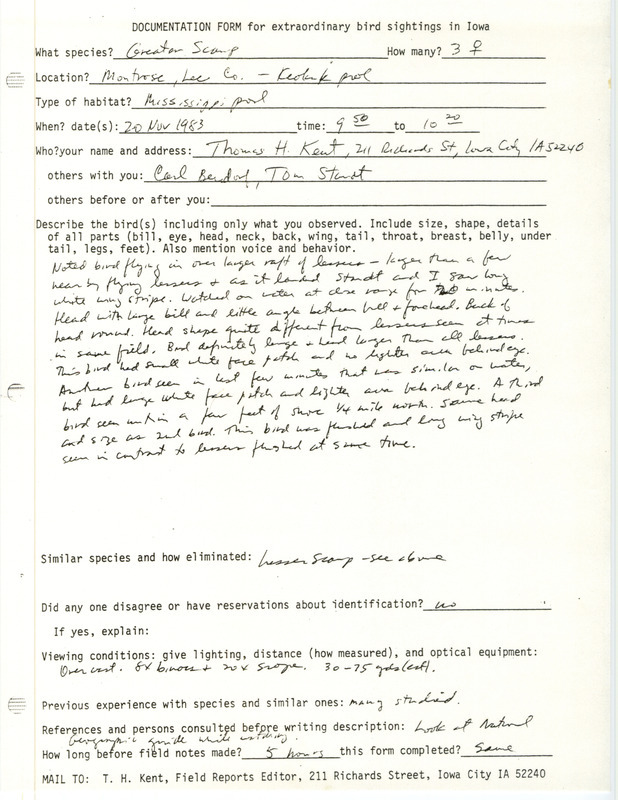 Rare bird documentation form for three Greater Scaups at Montrose in Lee County, IA on November 20, 1983.