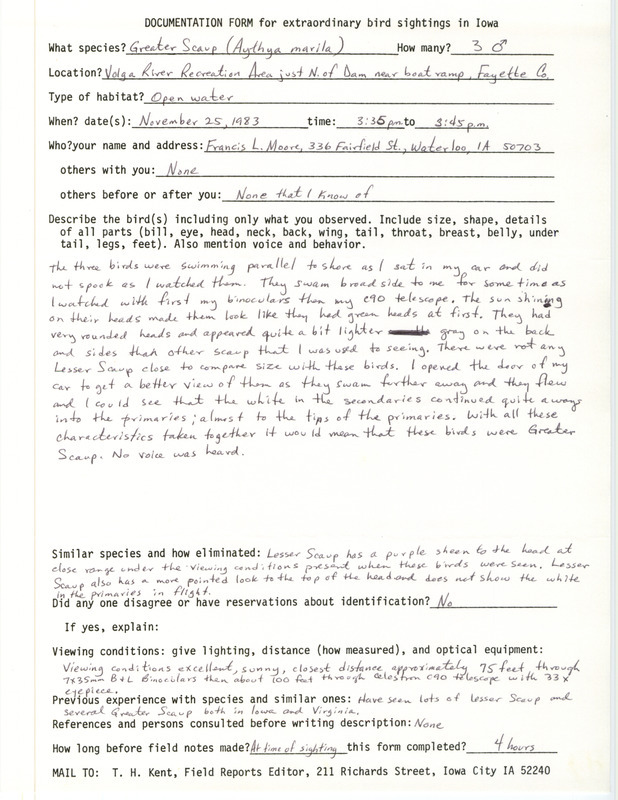 Rare bird documentation form for three Greater Scaups at Volga River Recreation Area in Fayette County, IA on November 25, 1983.