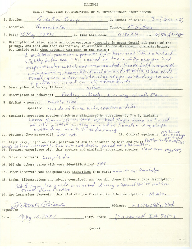 Rare bird documentation form for three Greater Scaups at Goose Lake in Clinton County, IA on May 10, 1984.