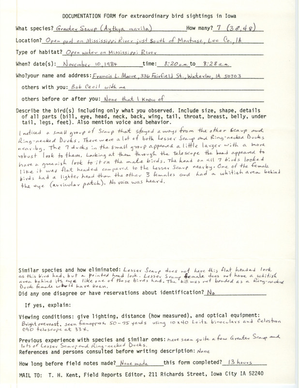 Rare bird documentation form for seven Greater Scaups near Montrose in Lee County, IA on November 10, 1984.