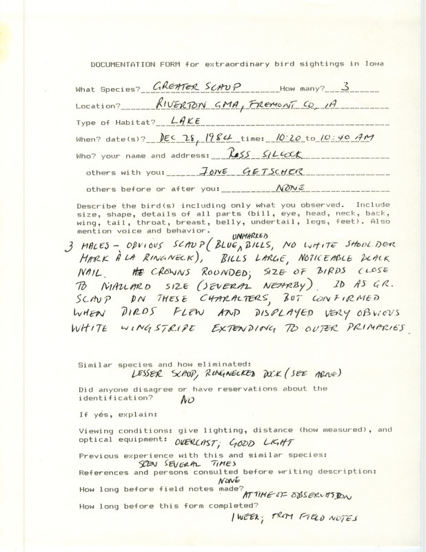 Rare bird documentation form for three Greater Scaups at Riverton Game Management Area in Fremont County, IA on December 28, 1984.