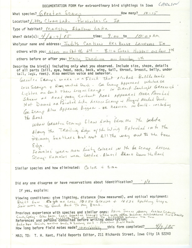 Rare bird documentation form for ten to fifteen Greater Scaups at Little Clear Lake in Pocahontas County, IA on April 6, 1985.