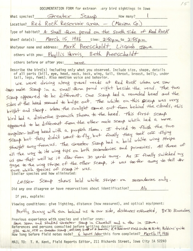 Rare bird documentation form for a Greater Scaup at Red Rock Reservoir in Marion County, IA on March 15, 1986.