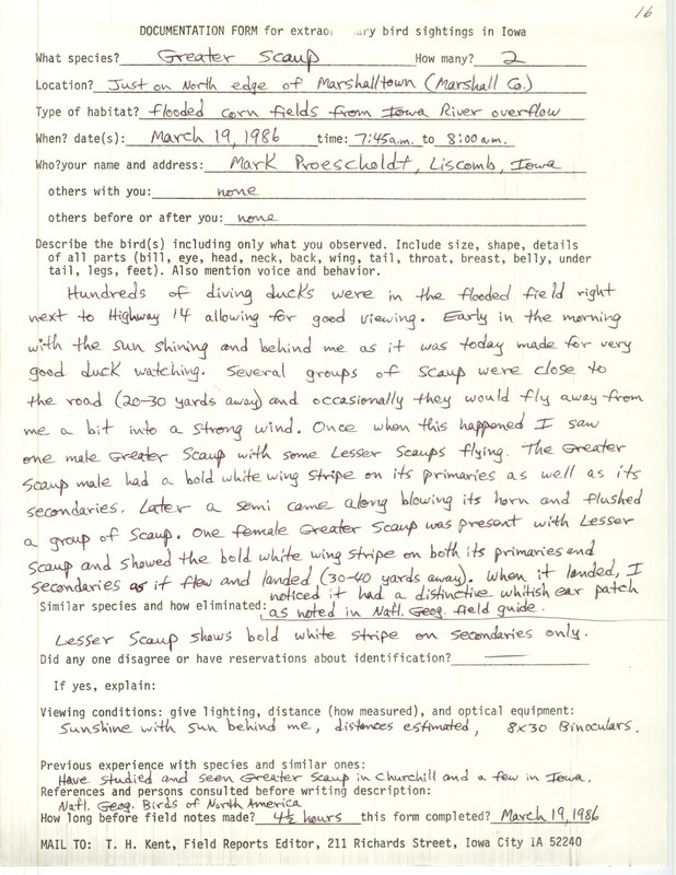 Rare bird documentation form for two Greater Scaups at Marshalltown in Marshall County, IA on March 19, 1986.