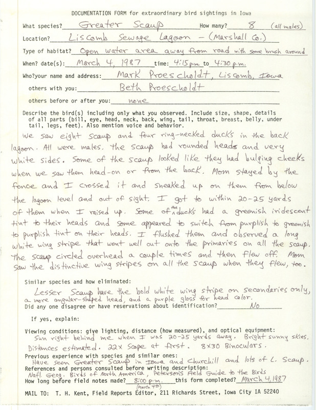 Rare bird documentation form for eight Greater Scaups at Liscomb Sewage Lagoon in Marshall County, IA on March 4, 1987.