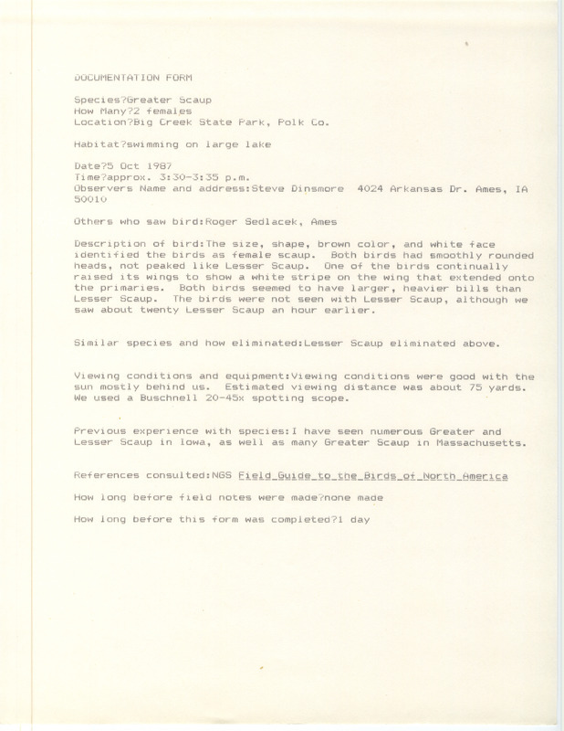 Rare bird documentation form for two Greater Scaups at Big Creek State park in Polk County, IA on October 5, 1987.