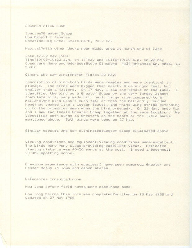 Rare bird documentation form for one to two Greater Scaups at Big Creek State Park in Polk County, IA on May 17, 1988.