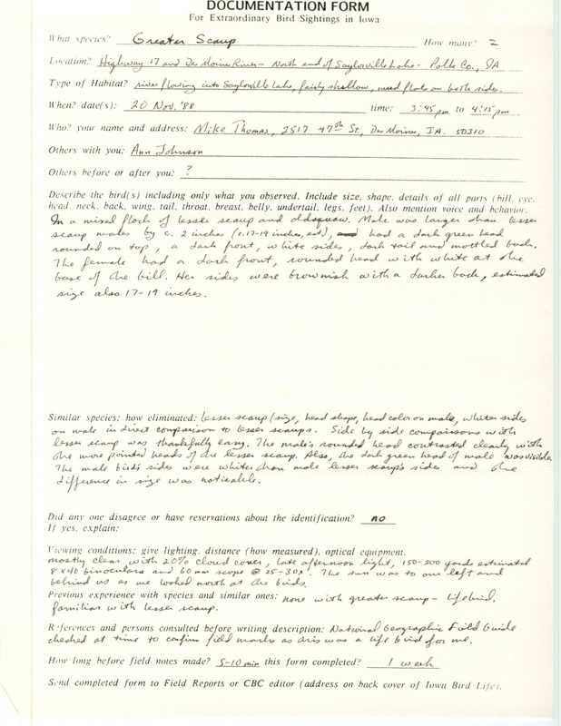 Rare bird documentation form for two Greater Scaups at Saylorville Lake in Polk County, IA on November 20, 1988.