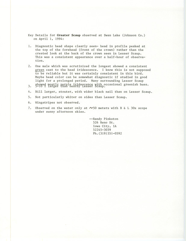 Rare bird documentation form for a Greater Scaup at Swan Lake in Johnson County, IA on April 1, 1994.