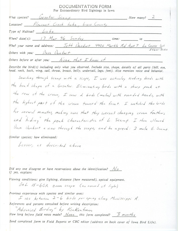 Rare bird documentation form for two Greater Scaups at Pleasant Creek Lake in Linn County, IA on March 17, 1996.