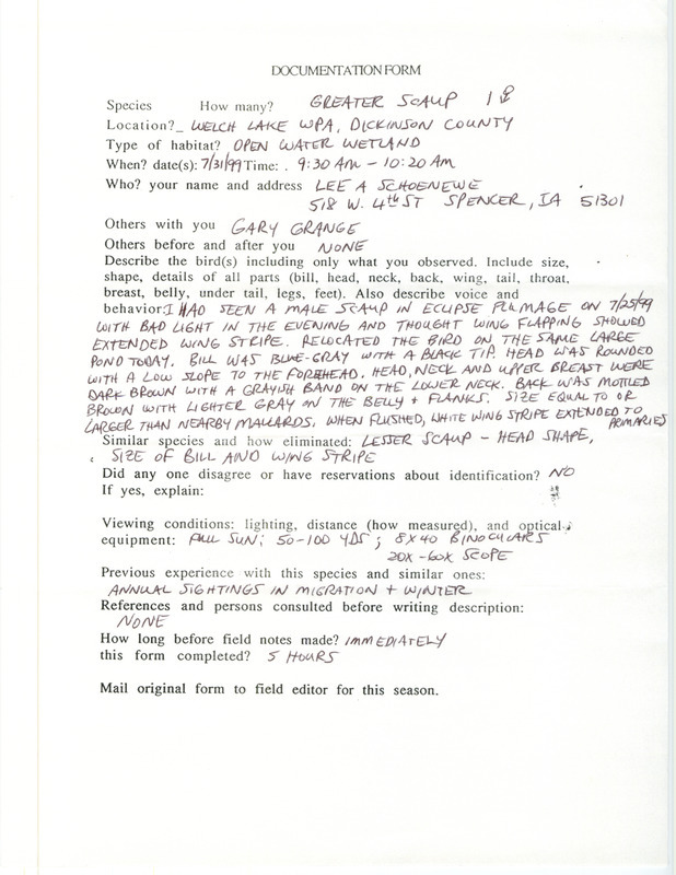 Rare bird documentation form for a Greater Scaup at Welch Lake Wildlife Management Area in Dickinson County, IA on July 31, 1999.